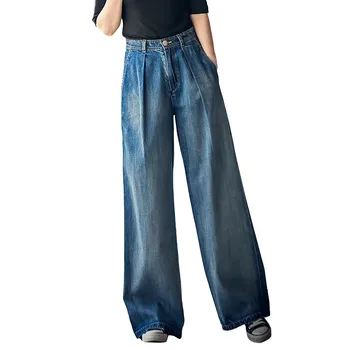 Kadın Geniş bacak Kot Moda y2k Streetwear Yüksek Bel Vintage Pantolon Rahat Basit Mavi Düğmeler Düz Kot Uzun Pantolon