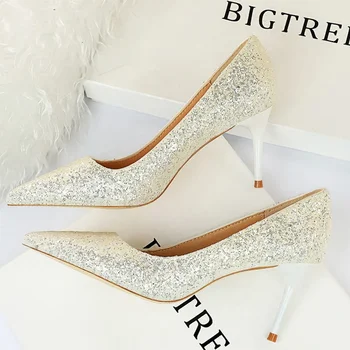 Ayakkabı Kadın Pompaları Bling Sequins Yüksek Topuklu Moda Kadın Topuklu Stiletto Altın Gümüş Düğün Ayakkabı Yavru Topuklu Ayakkabılar