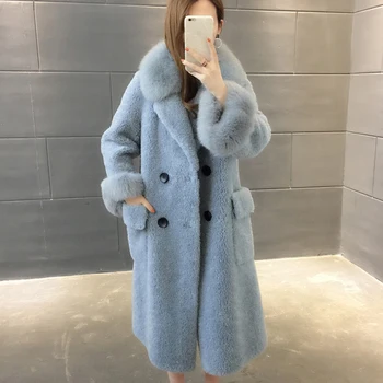 2023 Kadın sıcak kalınlaşmak gerçek kuzu Koyun Shearling Coat kadın Orta Uzunlukta Doğal Tilki Kürk Yaka ceketler Giyim