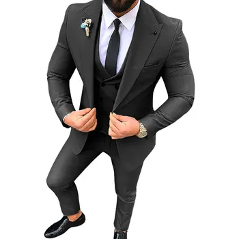 Zarif Erkek Takım Elbise 3 Adet Siyah Butik düğün elbisesi İş Ziyafet Tek Düğme Zarif Erkek Blazer Seti (Ceket + Pantolon + Yelek)