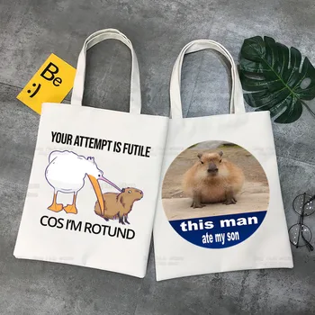 Capybara Komik Tuval Basit Karikatür Baskı TAMAM Ben Yukarı Çekin Alışveriş Çantaları Kız Hayvan Moda Hayat Rahat Paket El Çantası