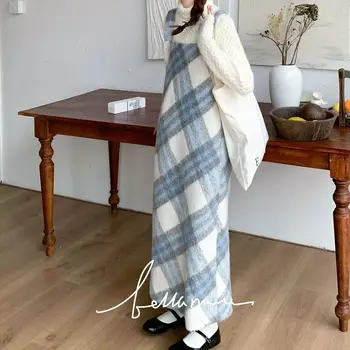 Kore Iki Parçalı Set Ekose Yün Elbise Kadın Kare Yaka Kolsuz Bir Çizgi Elbiseler Fransız Tarzı Tüm Maç Gevşek Vestidos