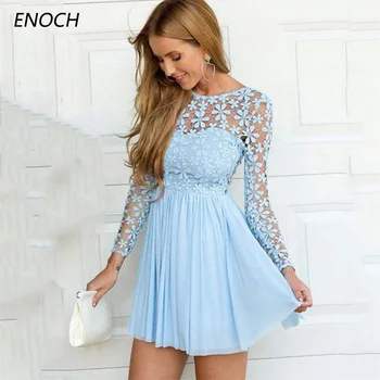 ENOCH A-line Kısa Mini O-Boyun Dantel Aplikler Uzun Kollu Şifon mezuniyet Elbiseleri Diz Üstü Backless Vestidos De Festa Yeni