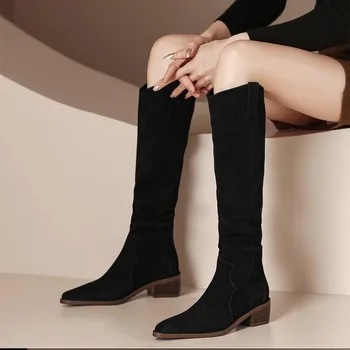 2023 Kış Ayakkabı Kadın Slip - on kadın Diz Yüksek Çizmeler Med Topuk Kare Topuk kadın ayakkabısı Pilili Sıcak Satış Bayan Botları