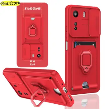 Kart tutucu İle Halka Telefon kılıfı Xiaomi Redmi için Not 8 10 10T 10S 11 11S 11T 12 12R Pro Artı Manyetik Sürgülü kamera Kapağı