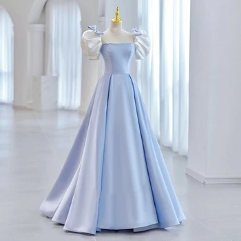 18128 # Zarif A-line Mavi Yay Kabarcık Kollu Prenses Akşam Elbise Saten Kare Boyun Slim Fit Mezuniyet doğum günü partisi elbiseleri