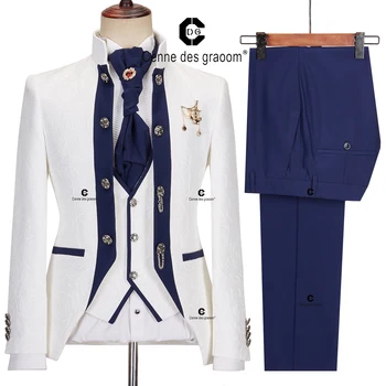 Cenne Des Graoom 2024 Erkek Takım Elbise Mavi ve Beyaz Çiçek Paisley Ceket Bel Ceket Pantolon Boyun Kravat 4 Adet Set Düğün Damat Parti