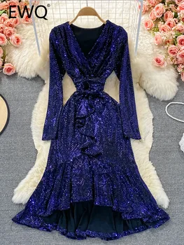 EWQ Zarif Moda kadın Sequins Ruffles Uzun Kollu Yüksek Bel Fishtail Kalça Çözgü Elbise 2023 Sonbahar Yeni Elbiseler 27SN3936