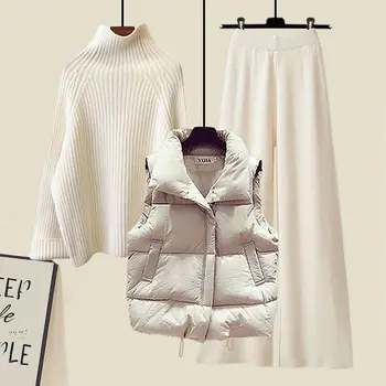 Kadın Kış Sıcak Y2K Eşofman Yelek Ceket Ceket Kazak Ve Örme Pantolon Üç Parçalı Set Kıyafet Kore Dış Giyim Kalınlaşmak Giyim