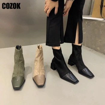 Elbise Tasarımcısı Kadın yarım çizmeler Kare Ayak Patchwork Bayanlar 2023 Yeni Moda Kalın Topuklu Pompalar kadın ayakkabısı Gotik Şık Fermuar
