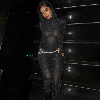 BKLD Y2k Giysileri Kadın 2023 Kış Yeni Moda Seksi Gece Kulübü Kıyafetleri Perspektif Sıkı Kapşonlu Bir Adet Tulum Siyah