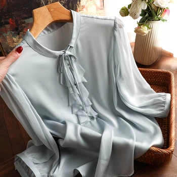 YCMYUNYAN İpek kadın Gömlek Çin Tarzı Katı Bluzlar Bayan Giyim Yaz 2023 Gevşek Kısa Kollu Fırfır Saten üstler