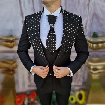 Klasik Siyah Erkek Takım Elbise Düğün İçin Ismarlama Gümüş Metalik Takı Boncuklu Blazer Setleri Resmi Erkek Damat Smokin 3 Adet Elbise