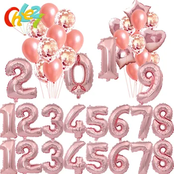 32 inç gül Altın Alüminyum Folyo Numarası Balonlar konfeti lateks balon Doğum Günü Düğün Nişan Parti Dekor Globo çocuk topu