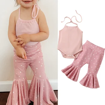 Yaz Çocuk Bebek Kız Giysileri Kıyafetler Kolsuz Backless Halter Nervürlü Bodysuits + Flare Pantolon Bebek Tatil Plaj Giyim