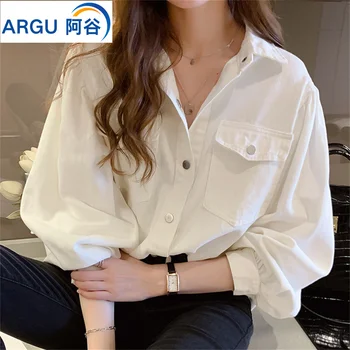 Kore Rahat Gevşek Y2K Gömlek Kadın Bahar Cep Ofis Bayan Bluz Gömlek Kadın Tüm Maç Zarif Beyaz Gömlek Bayan Giyim