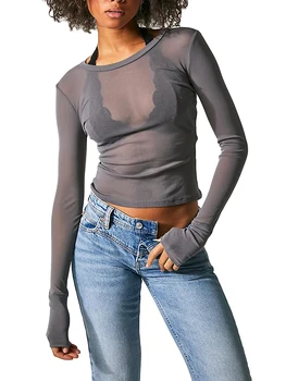 Kadınlar Uzun Kollu Sıkı Kırpma Üstleri Düz Renk Ekip Boyun Slim Fit Tee Gömlek Temel Gömme Kırpılmış Üst Gömlek