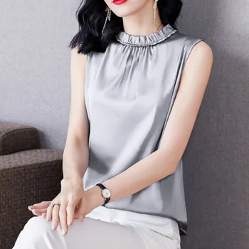 Fırfır Yaka Ön Pilili Saten Bluz Kadınlar yaz Temel kolsuz üstler Zarif Bayanlar Beyaz Bluz Kore modası Giyim