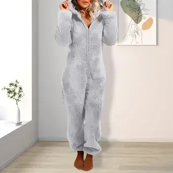 Kalın Peluş Loungewear Rahat Peluş Kapşonlu Kış Tulum Kadınlar için Yumuşak Tek Parça Pijama Fermuar Kapatma ile Ayak Bileği bantlı