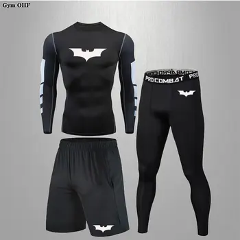 Süper kahraman Baskı Erkekler Set Spor Sıkıştırma Takım Elbise Hızlı Kuru Rashguard Spor Salonu Spor Koşu Eşofman Erkekler T Shirt + Şort Setleri