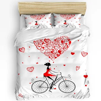 Aşk Bisiklet Kadın Kırmızı Kalp nevresim takımı 3 adet Erkek Kız Nevresim Yastık Kılıfı Çocuk Yetişkin Nevresim Çift yatak takımı Ev Tekstili