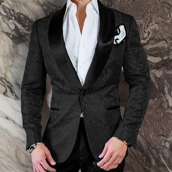 Slim Fit Takım Elbise Erkekler için Siyah Şal Yaka 2 Parça Damat Smokin Çiçek Ceket ve Pantolon Düğün için 2023 Moda Kostüm