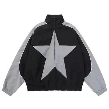 Ceket Erkekler Kadınlar Vintage Yıldız Desen Harajuku Y2k Rüzgarlık Ceket Streetwear Fermuar Patchwork Giyim Unisex