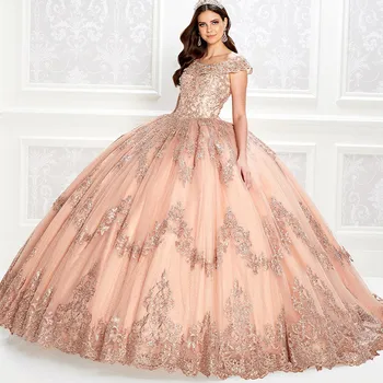 Lüks Uzun Quinceanera elbise Balo Puf Tül Dantel Boncuklu Kristal Elmas Tatlı 16 Elbiseler Prenses Parti Törenlerinde QU03M