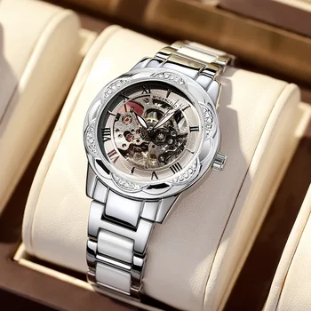 Kadınlar Otomatik İzle Lüks Altın İskelet Gümüş Mekanik Saat Seramik Elmas Reloj Paslanmaz Çelik Saat Bayanlar Kol Saati