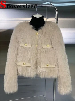 Kış Kısa Faux Fox Kürk Palto Kalınlaşmak Sıcak Kürklü Casaco Kore Moda Ince Chaquetas Vintage Peluş Kırpılmış Jaqueta Feminina