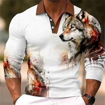 Erkekler polo gömlekler 3d Baskılı Hayvan POLO GÖMLEK Kış Uzun Kollu Rahat Üst Erkek Moda Sokak T-Shirt 2024 Yeni Düğme Giyim