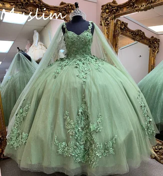 Lüks Yeşil Quinceanera Elbiseler 2023 Çiçekli Sparkle Pullu Doğum Günü Elbise Zarif Dubai Pelerin Balo Elbise Boncuklu Tatlı 15