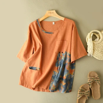 Kontrast Renk Vintage Patchwork Tee kadın Kısa Kollu O-Boyun Pamuk Keten T-shirt Nefes Rahat Kazak Casual Günlük Tops