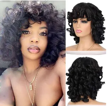 Siyah Kadınlar için kısa Kıvırcık Peruk Yumuşak Siyah Büyük Kıvırcık kahküllü peruk Afro Kinky Bukleler İsıya Dayanıklı Doğal