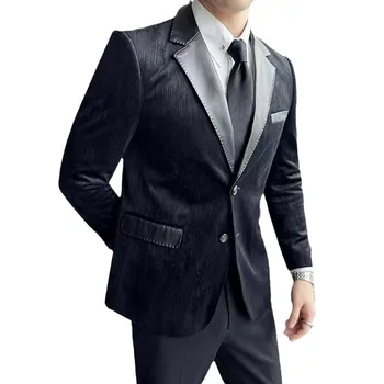2024 Erkek Sonbahar Kadife Renk Eşleştirme blazer Gençlik Slim Fit Deri Patchwork Rahat İş Yakışıklı blazer