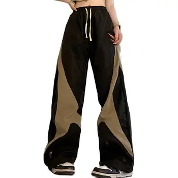 Amerikan Retro İş Giysisi rahat pantolon kadın Dans Gevşek Düz İpli Pantolon Y2K Kontrast Paneli Geniş Bacak Pantolon
