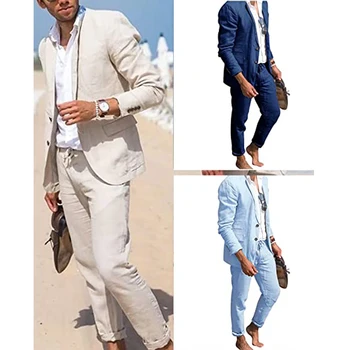 Keten Slim Fit Erkek Takım Elbise 2023 Damat Çentikli Yaka İş Smokin Resmi Erkek Takım Elbise 2 Parça Blazer Pantolon Traje Hombre