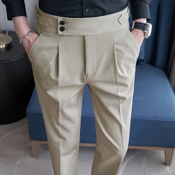 Kore Tarzı Erkekler lüks Takım Elbise Pantolon Ayarlanabilir Kemer Hattı Slim Fit Elbise Katı Yüksek Bel Şık Iş Rahat Uzun Pantolon