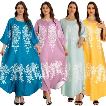 Ramazan kadın Galabia Dubai Lüks Boncuklu Vintage Çiçekli Baskılı Elbiseler Balo Müslüman Kadın Abaya Fas Kaftan Parti