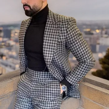 Ekose İtalyan erkek Takım Elbise Slim Fit Düğün Smokin Kontrol Resmi Damat Giyim 2 Parça Ceket Pantolon ile 2023 Erkek Moda Kostüm