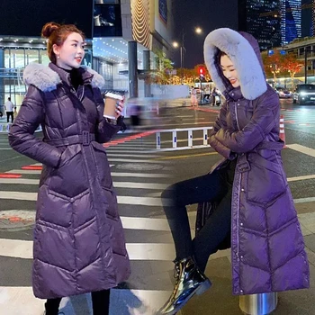 2023 Kış Aşağı pamuklu ceket Kadınlar Parlak Kürk Yaka Kapşonlu Pamuk Yastıklı Mont Femme Kalın Sıcak Uzun Kirpi Parkas Kabanlar