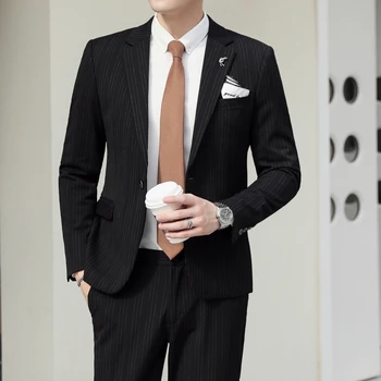 Yeni (Blazer + Pantolon) erkek Moda Beyefendi Rahat Çoklu Stilleri Çizgili Düğün Zarif Kore İnce İş 2 parçalı Set