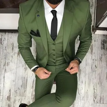 Kol Yeşil Erkek Takım Elbise Düğün Smokin 2018 Üç Parçalı Ceket Pantolon Yelek Damat Yelek Blazer Son tarzı