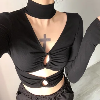 Seksi Gotik punk tişört Kadın Koyu Akademi Siyah Hollow Out Patchwork Balıkçı Yaka İnce Tee Üstleri Y2k Sokak Punk Tumblr Giyim