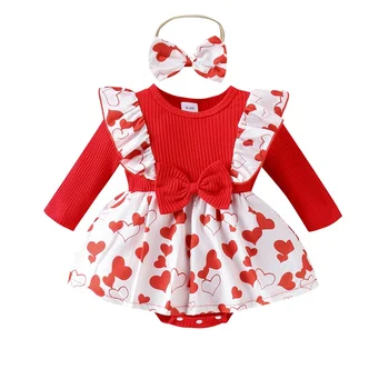 Bebek Kız Sevgililer Günü Kıyafet Yenidoğan Romper Elbise Bebek Nervürlü Kalp Baskı Toddler Sevimli Yay Elbise