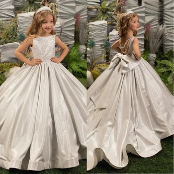 Lüks Gümüş Kolsuz Çiçek Kız Elbise Düğün İçin 2023 Prenses Glitter Payetli Pageant İlk Communion Abiye Yay İle