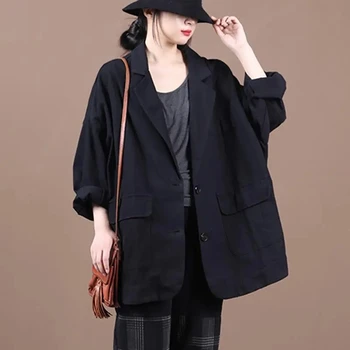 Kadınlar Vintage Takım Elbise Ceket Düz Renk Pamuk Karışımı Turn-aşağı Yaka Palto 2023 Bahar Yeni Cepler Temel Ceket Kadın Giyim
