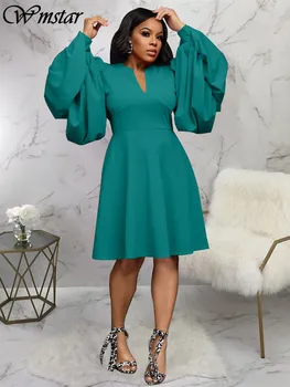 Wmstar Elbise Kadın Moda Katı Puf Kollu Midi Parti Elbiseler V Boyun Yeni Moda Sonbahar Giysileri Toptan Dropshipping 2023