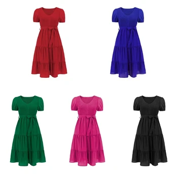 V yaka Puf Kısa Kollu A-Line Katmanlı Fırfır Etek Salıncak uzun elbise Kadınlar için