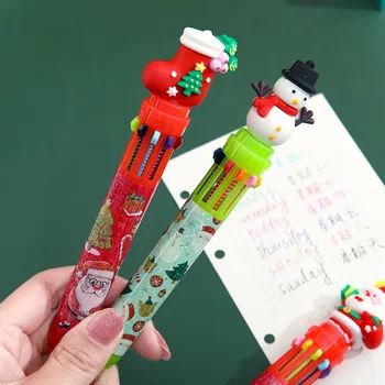 1 adet Rastgele Sevimli Karikatür Noel Tema 10 Renk Tükenmez Kalem Kawaii Santa Elk Kardan Adam Ağacı Renkli Kalemler Okul Kırtasiye
